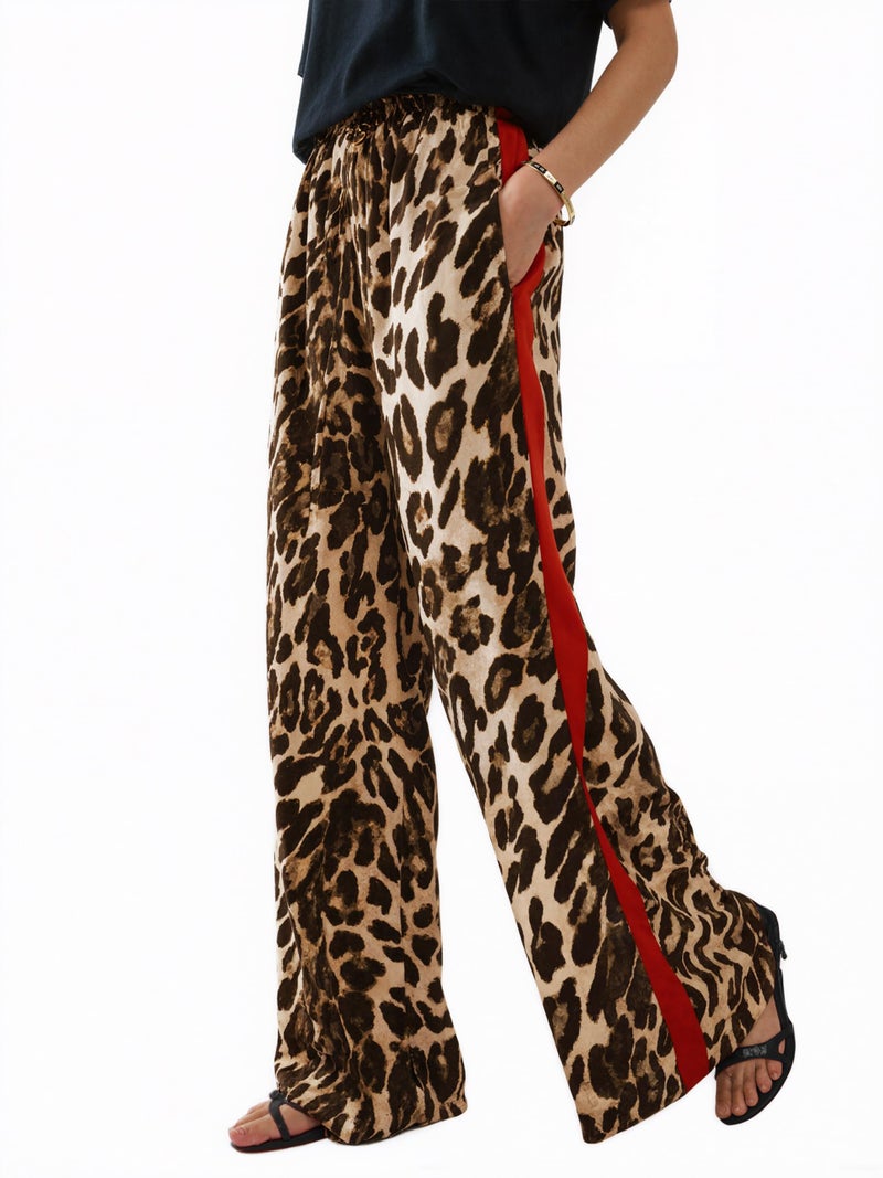 LIWEIKE Women's Leopard Print Pants Drawstring Color Block Side Striped Pants Y2K Cheetah Wide Leg Trousers with Pockets (US, Alpha, Large, Regular, Regular, Yellow) - Image 1