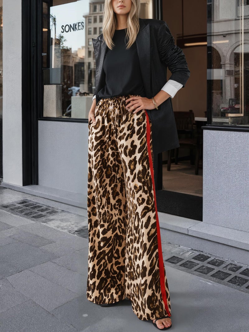 LIWEIKE Women's Leopard Print Pants Drawstring Color Block Side Striped Pants Y2K Cheetah Wide Leg Trousers with Pockets (US, Alpha, Large, Regular, Regular, Yellow) - Image 4