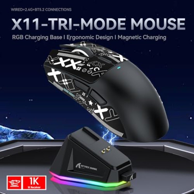 ATTACK SHARK X11 Gaming Mouse with Magnetic Charging Dock PixArt PAW3311 Gaming Sensor BT 2.4G Wireless Wired with Mouse Grip Tape 22000 DPI Gamer Mice for Win11 Xbox PS Mac Black - Image 2