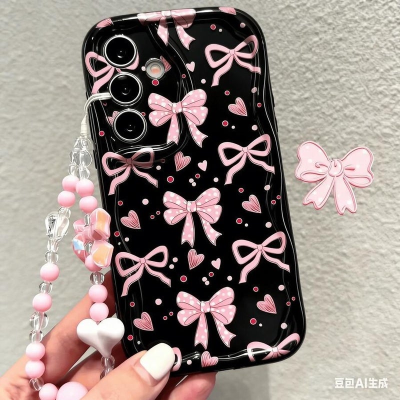 1pc Black Luxury Fashion Asymmetric UV Painted Cute Pink Bow With Pink Heart Bracelet, Raised Edge Anti-Drop Phone Case, Wavy Pattern Cream Transparent Case Compatible With Samsung S21-5G/S30/G991, S21 PLUS/S21 PRO-5G/S30 PRO/G996, S21 ULTRA-5G/S30 ULTRA/G998, S22, S22 PRO/S22 PLUS/S22+, S22 ULTRA, S23 5G - Size OPPO Reno8 T 4G