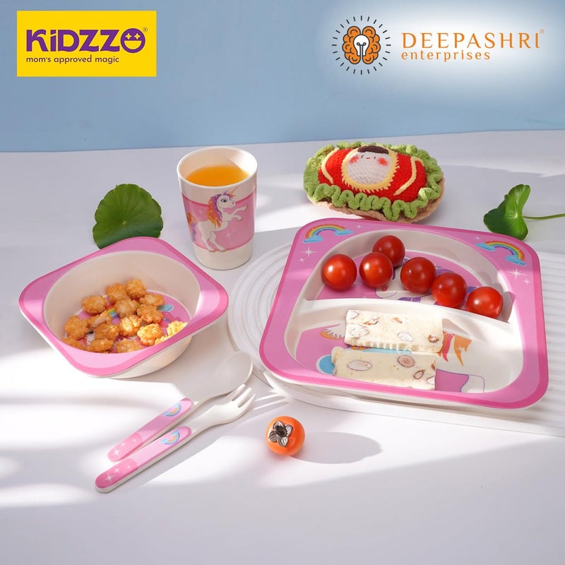 Deepashri™ Baby Feeding Essentials Set | Adjustable Bib, Soft Spoon & Fork - Divided Suction Plate, Suction Bowl, Sippy Cup, BPA-Free, Dishwasher Safe - Rainbow Unicorn Multicolor - Image 2