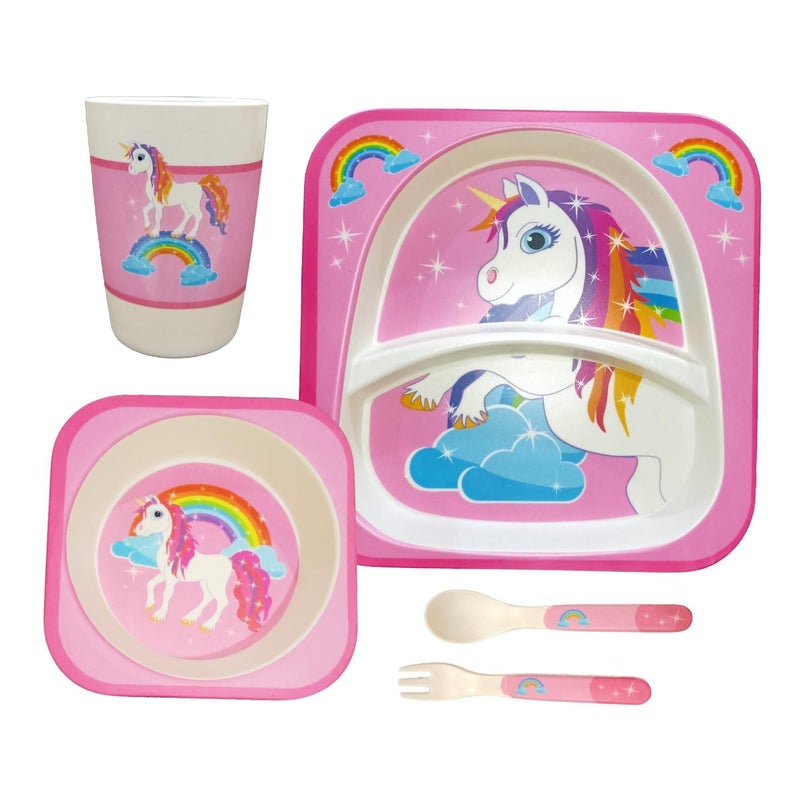Deepashri™ Baby Feeding Essentials Set | Adjustable Bib, Soft Spoon & Fork - Divided Suction Plate, Suction Bowl, Sippy Cup, BPA-Free, Dishwasher Safe - Rainbow Unicorn Multicolor - Image 1