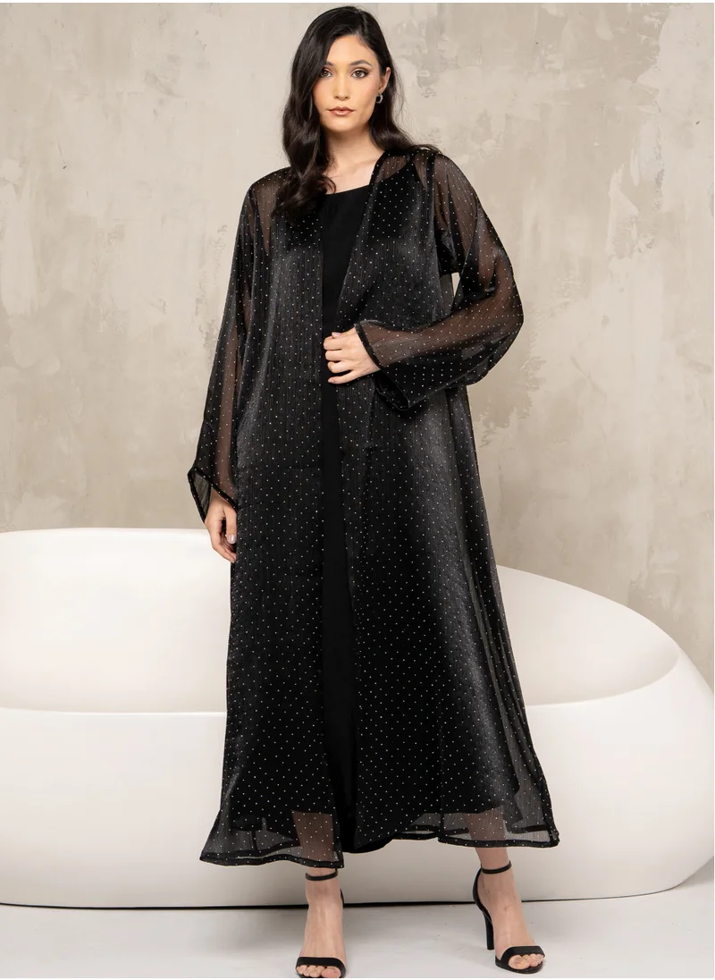 كوتور لابس Black Mesh Abaya with Silver Stones and Sheila