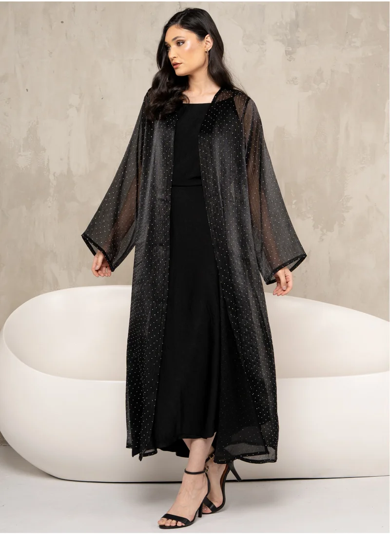 كوتور لابس Black Mesh Abaya with Silver Stones and Sheila