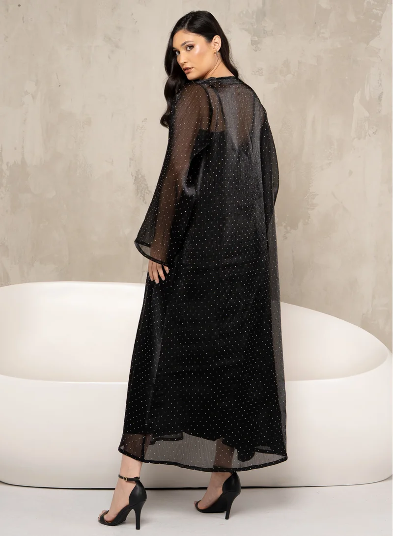 Couturelabs Black Mesh Abaya with Silver Stones and Sheila
