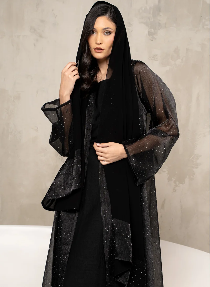 Couturelabs Black Mesh Abaya with Silver Stones and Sheila