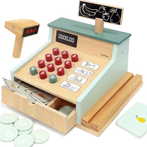 PairPear Wooden Toy Cash RegisterKids Pretend Play Money Counting Toys with Scanner and Credit CardToddler Cashier Toy Grocery Play Food Accessory for PreSchool Gift Boys Girls 3 - Image 1