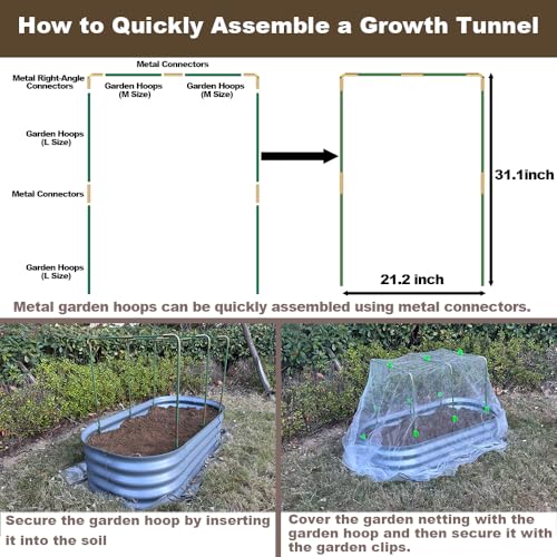 PirateAnt Metal Greenhouse Hoops Set for Raised Beds，21.2'' x 31.1'' Green Garden Hoops with Metal connectors,ABS Clip（Stainless Steel Spring） for Row Cover, DIY Grow Tunnel，5 Sets. - Image 4