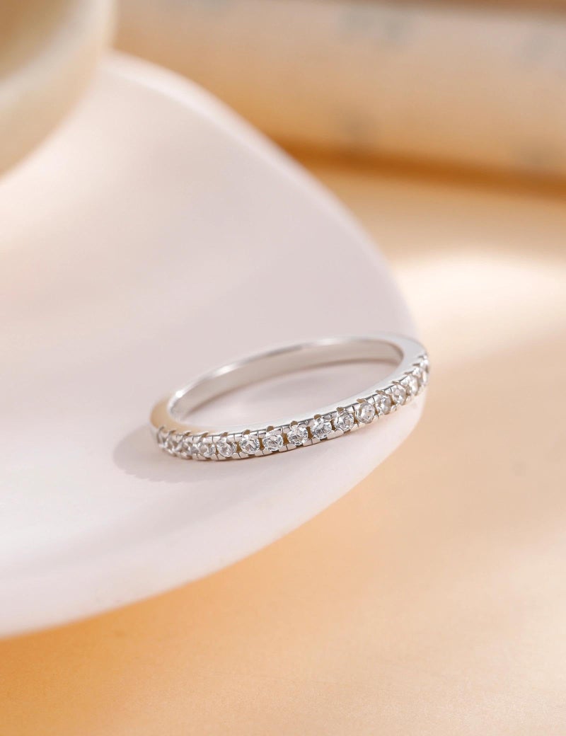 EAMTI 2mm 14K White Gold Plated Wedding Band Cubic Zirconia Half Eternity Stackable Brass Engagement Ring Size 8 - Image 3