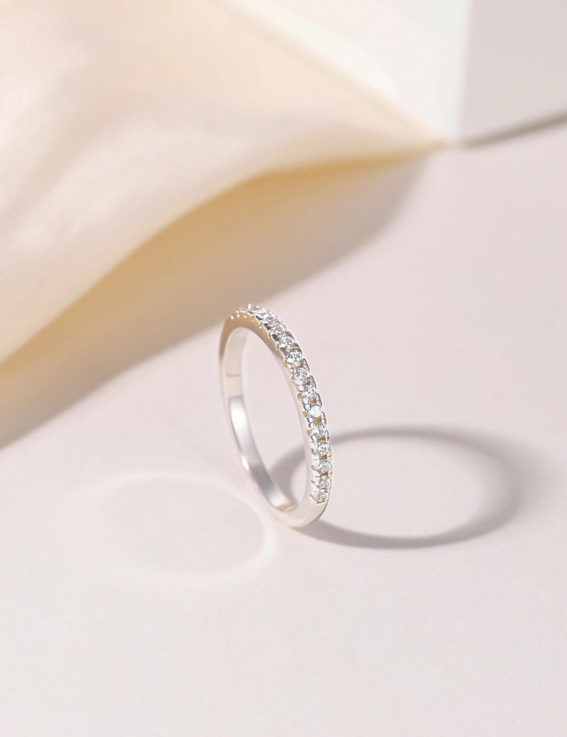 EAMTI 2mm 14K White Gold Plated Wedding Band Cubic Zirconia Half Eternity Stackable Brass Engagement Ring Size 8 - Image 4