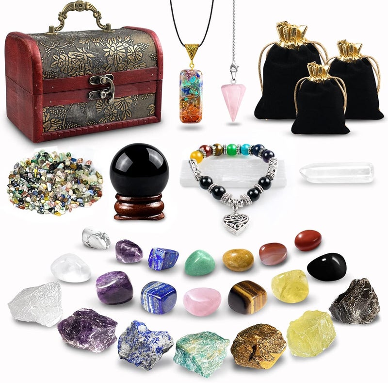 TATOODAA Healing Crystals Set 28 Pcs Crystals and Healing Stones 7 Chakra Kits Obsidian Real Spiritual Protection Natural Reiki Energy Meditation Crystals for Beginners Wooden Box Crystal Gifts for Women 
