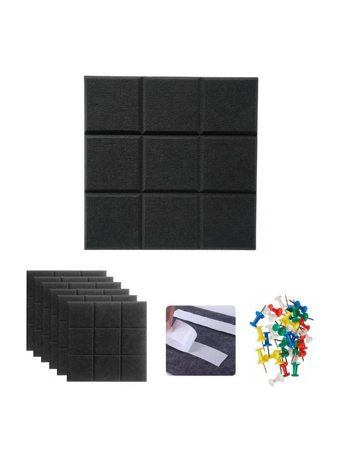 Announcement Message Board,6 Pcs Large Self-Adhesive Felt Board Tiles 30x30cm - Versatile Bulletin Boards for Home and Office with 50 Push Pins, Felt Nine Palace Grid Background Wall (Black) - Image 1