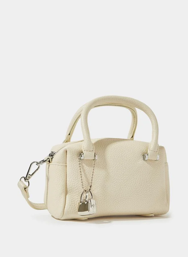 White Grained Faux Leather Hand Bag with Small Bag Charm