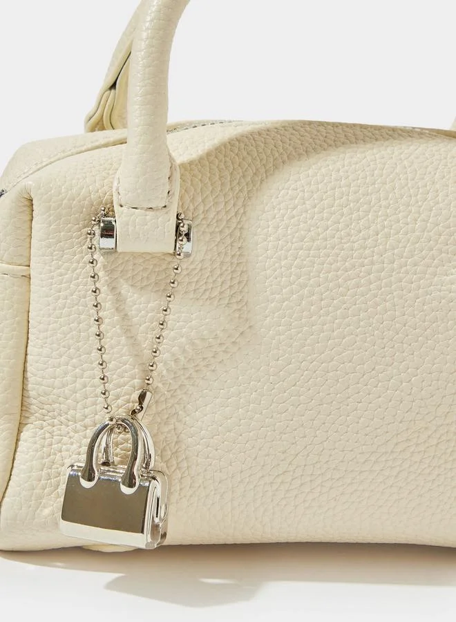 Styli  White Grained Faux Leather Hand Bag with Small Bag Charm for Women | Best Price UAE