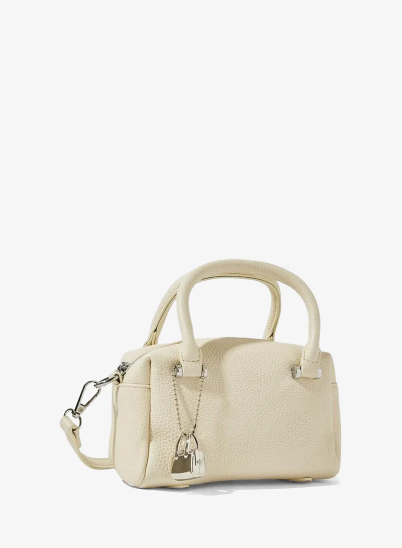 White Grained Faux Leather Hand Bag with Small Bag Charm