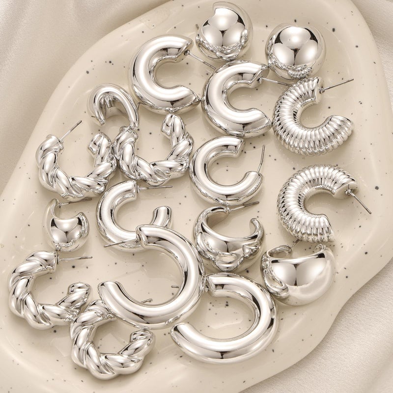 IFKM 9 Pairs Silver Hoop Earrings Set For Women Hypoallergenic Chunky Chain Twisted Open Hoops Dangle Earring Packs For Birthday Party Christmas Fashion Jewelry Gift - Image 2