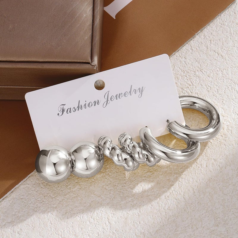 IFKM 9 Pairs Silver Hoop Earrings Set For Women Hypoallergenic Chunky Chain Twisted Open Hoops Dangle Earring Packs For Birthday Party Christmas Fashion Jewelry Gift - Image 4