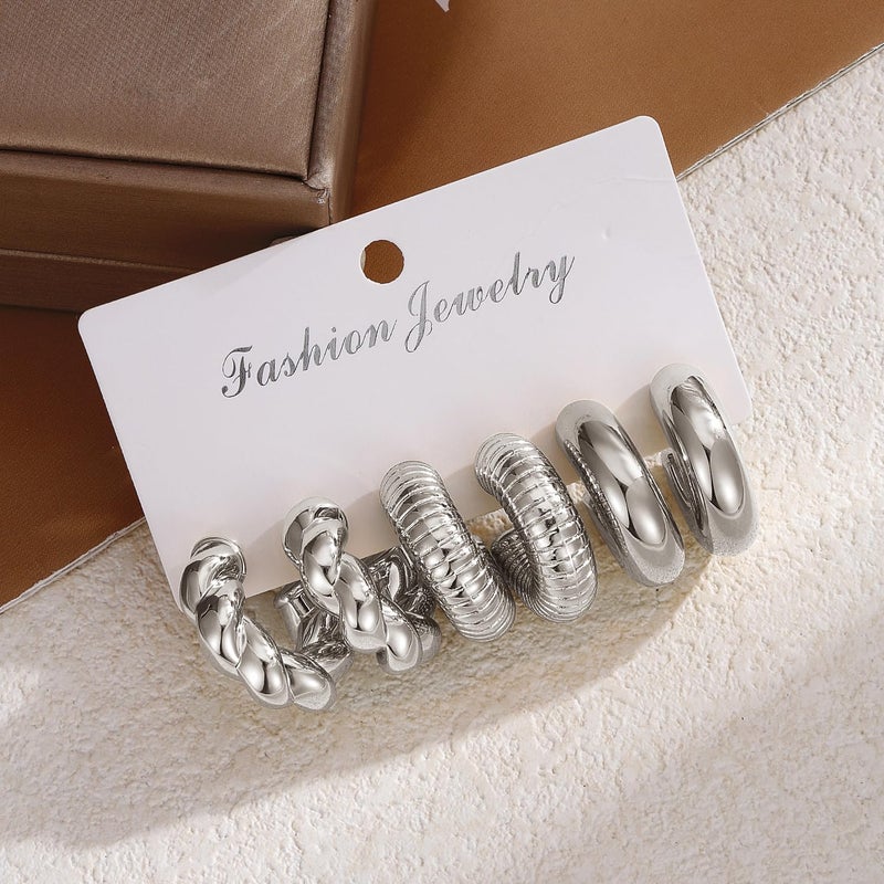 IFKM 9 Pairs Silver Hoop Earrings Set For Women Hypoallergenic Chunky Chain Twisted Open Hoops Dangle Earring Packs For Birthday Party Christmas Fashion Jewelry Gift - Image 5