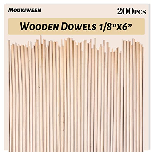 Moukiween Wooden Dowel Rods 200PCS 18 x 6 Inch Round Wooden Sticks for Arts Crafts Home Decor Cake Support Photo Booth Props Unfinished Natural Hardwood Sticks