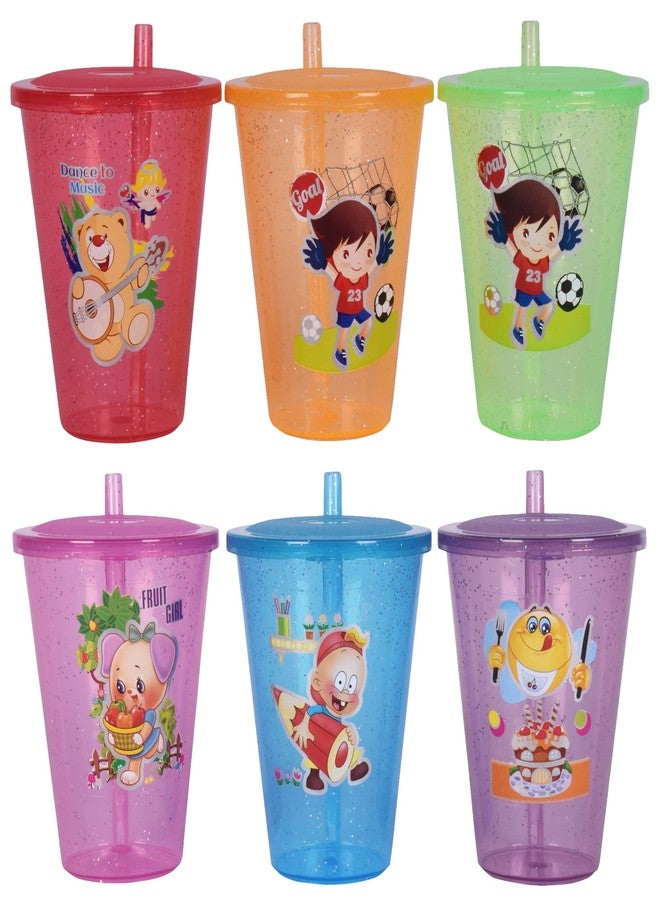 faas 6 Pcs BPA Free Fun Cartoon Printed Bright Color Straw Cup Sipper Glass with Lid for Toddler, Kids, Boys/Girls (Multicolor) - Image 1