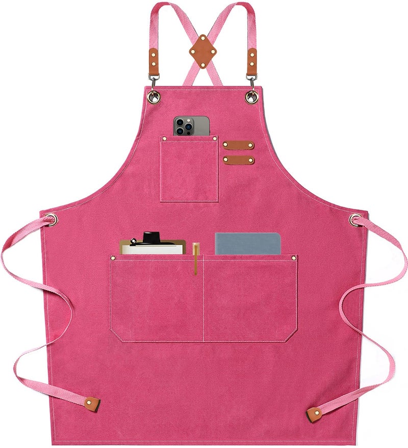 AFUN Chef Aprons for Men Women with Large Pockets, Cotton Canvas Cross Back Heavy Duty Adjustable Work Apron, Size M to XXL (Pink) - Image 1