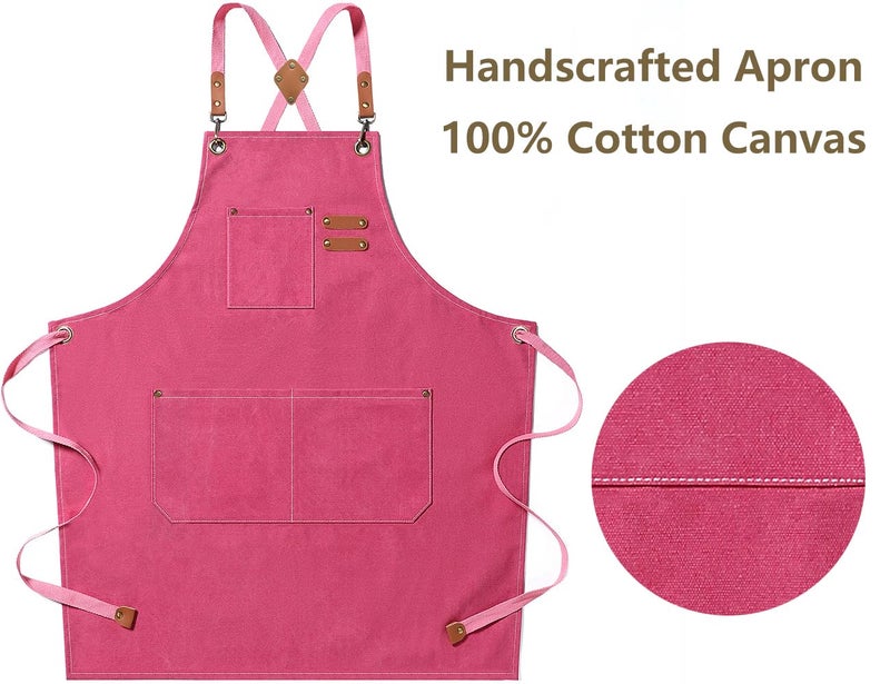 AFUN Chef Aprons for Men Women with Large Pockets, Cotton Canvas Cross Back Heavy Duty Adjustable Work Apron, Size M to XXL (Pink) - Image 5
