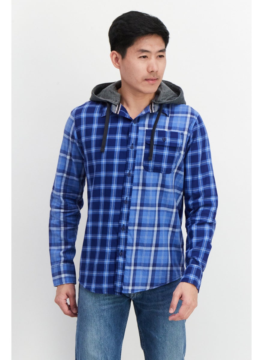 Sun Stone Men Regular Fit Plaid Long Sleeves Casual Shirt, Blue  - Image 1