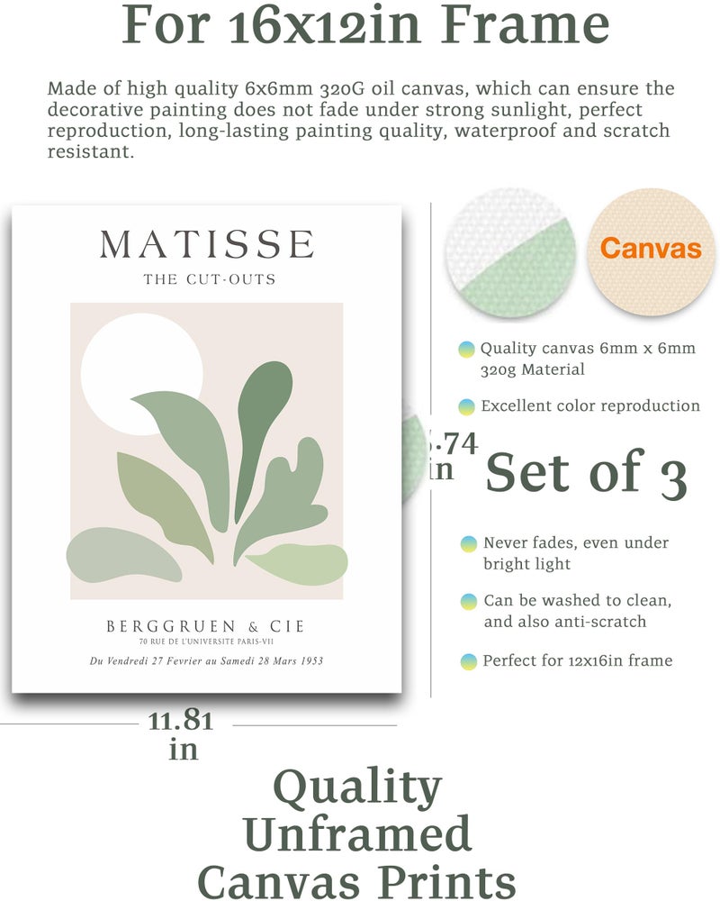 HesenDot Unframed Sage Matisse Wall Art Set of 3 Abstract Matisse Wall Decor Quality Canvas Prints for 12x16IN Art Posters Decoration for Bathroom Living Room - Image 2