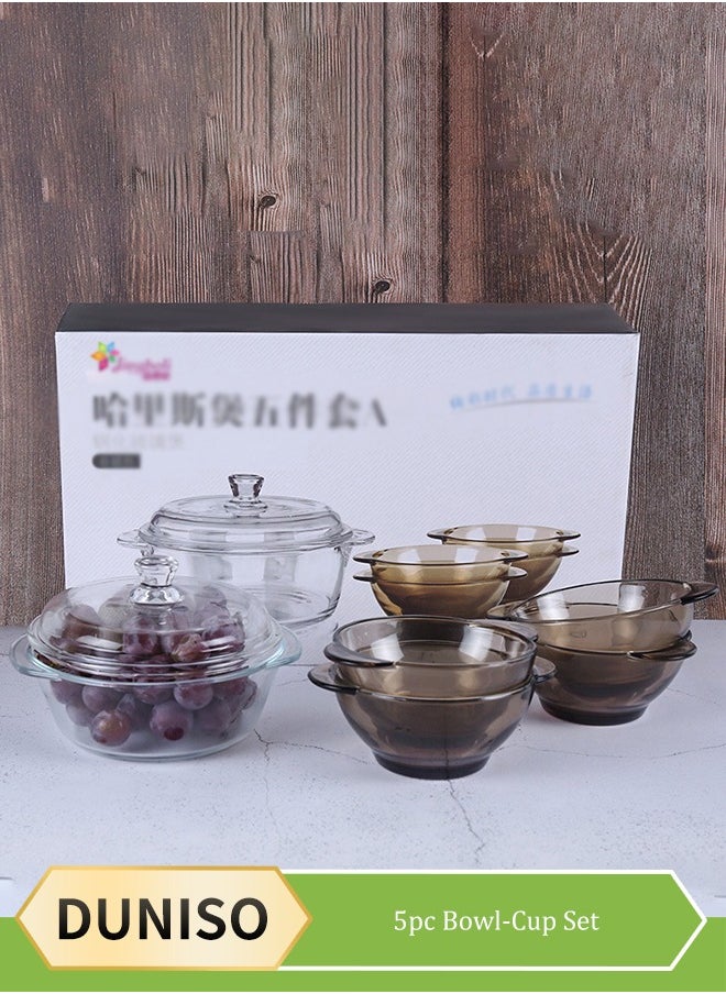 DUNISO 5 Pcs Glass Cooking Pot，Thickened High Boron Glass Pot, Multifunctional Heat Resistant Glass Pot, With 4 Pcs Glass Bowls With Small Handle And 1 Pcs Glass Cooking Pot With Cover And Handle，Easy To Clean，For Pasta Noodle, Soup, Milk  - Image 1