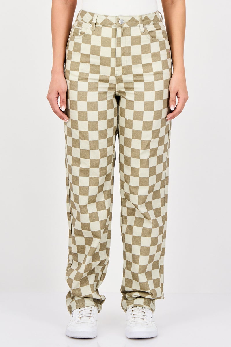 NA-KD Women Regular Fit Checkerboard No Stretch Jeans, Multicolor - Image 1