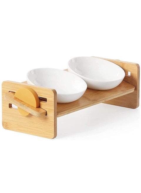 Elevated Cat Ceramic Bowls Adjustable Wooden Raised Pet Feeding Stand 4 Level Tilted Water Stand Feeder Set for Cats Kitten Puppies And Small Dogs