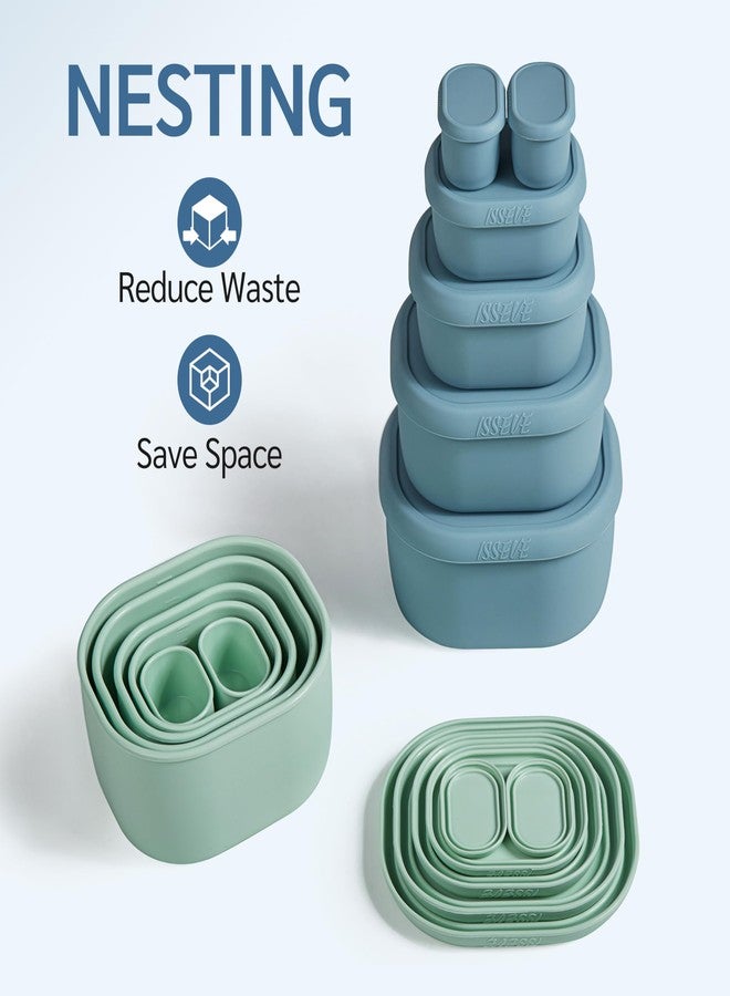 ISSEVE 6Pcs/Set Nesting Silicone Food Storage Containers with Lids, BPA Free Reusable Meal Prep Silicone Containers Lunch Box Bento Box Set (33.8oz, 20oz, 10oz, 6.7oz, 1.3oz) (Green) - Image 2
