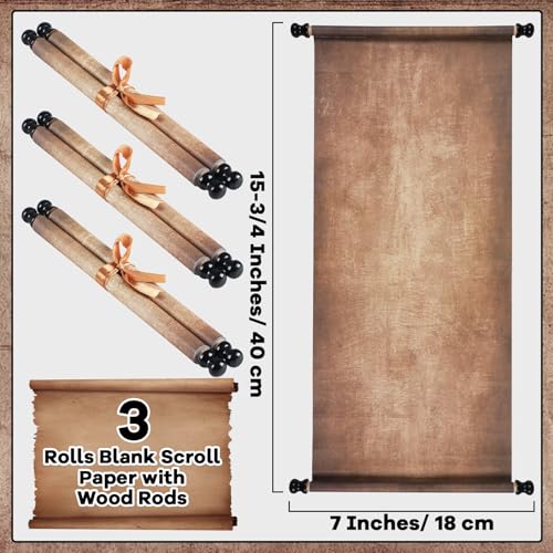 gisgfim 3Pcs Blank Scroll Paper with Wood Rods 7x15-3/4Inch Blank Old Paper Scrolls to Write on Long Vintage Wedding Joke Watercolor Parchment for Halloween Renaissance Writing Drawing Wedding Vows Invitation - Image 2