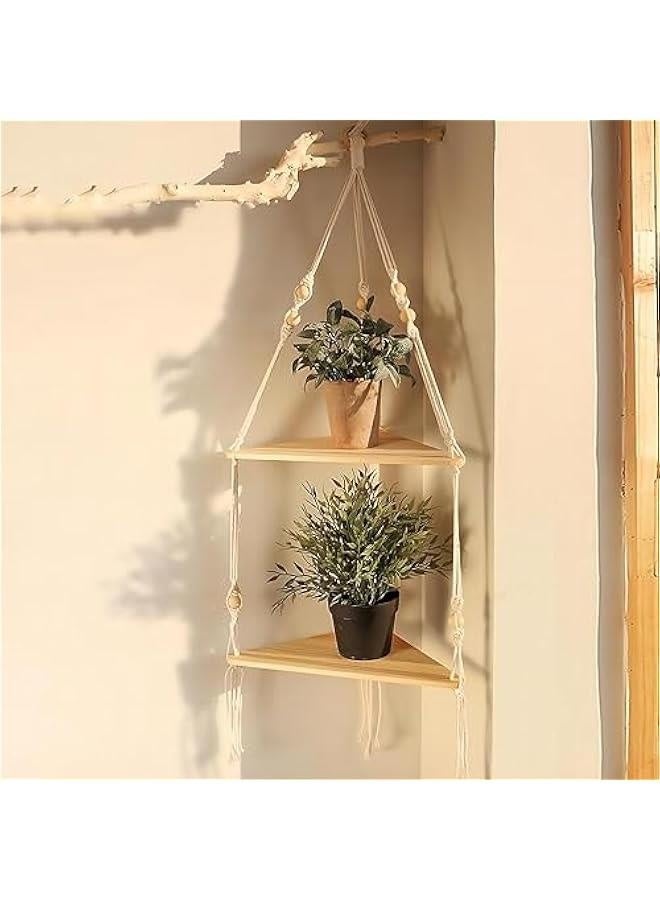 Macrame Wall Hanging Shelf - 2 Tier Plant Shelf Plant Hanger Indoor Floating Shelves, Boho Wood Corner Shelf Wall Mount Plant Holder for Wall Decor, White