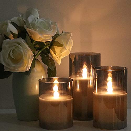 XERGY Glass Battery Operated Flameless Led Candles with 10-Key Remote and Timer, Real Wax Candles Warm White Flickering Light for Home Decoration(Pack of 3, Gray) - Image 2