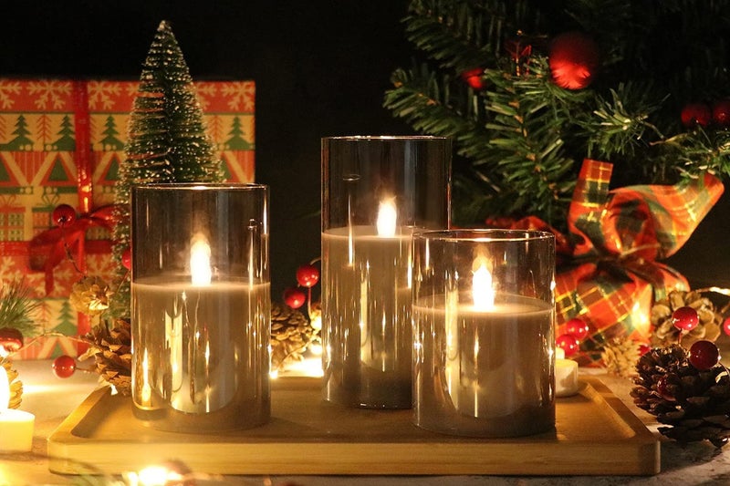 XERGY Glass Battery Operated Flameless Led Candles with 10-Key Remote and Timer, Real Wax Candles Warm White Flickering Light for Home Decoration(Pack of 3, Gray) - Image 1