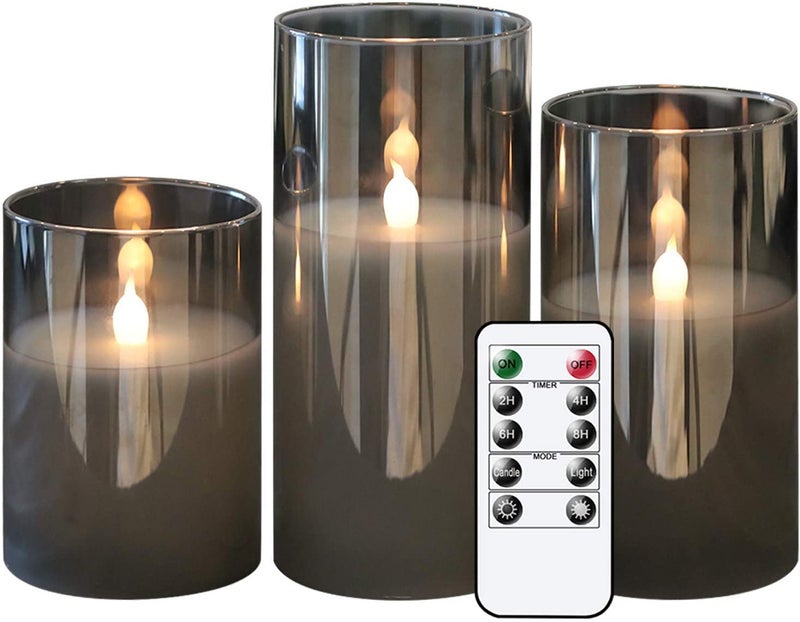 XERGY Glass Battery Operated Flameless Led Candles with 10-Key Remote and Timer, Real Wax Candles Warm White Flickering Light for Home Decoration(Pack of 3, Gray) - Image 3
