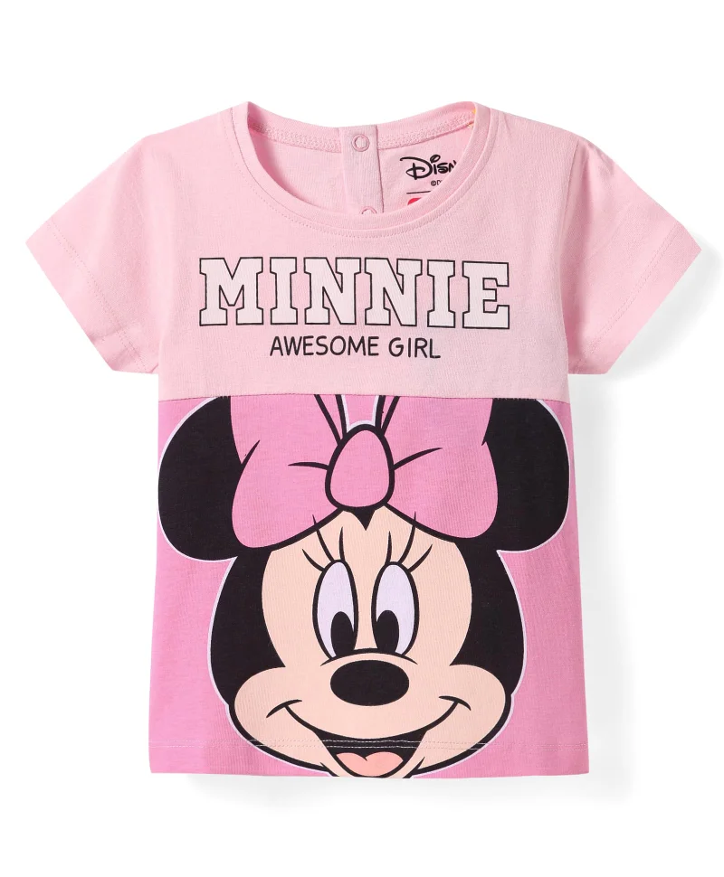 Babyhug Disney Babyhug Disney Single Jersey Knit Half Sleeves Cut & Sew T-Shirt with Minnie Mouse Graphics - Pink