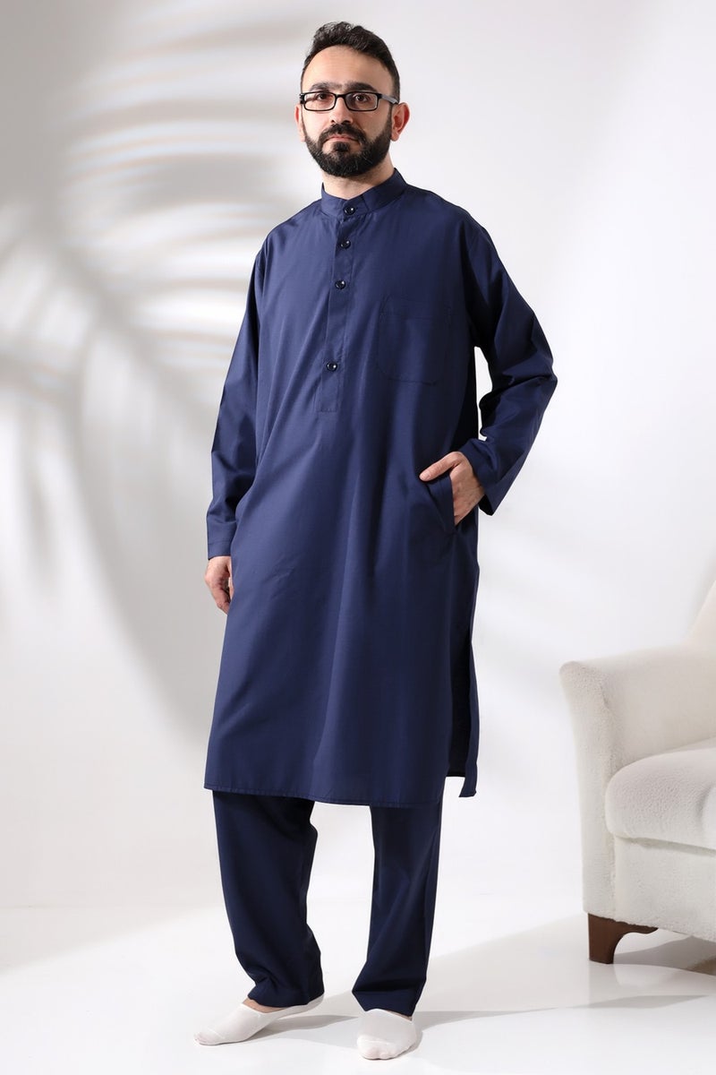 İhvan Online Ihvan Online Men's Hajj and Umrah Clothing Double Bottom Top Afghan Suit Navy Blue  - Image 1