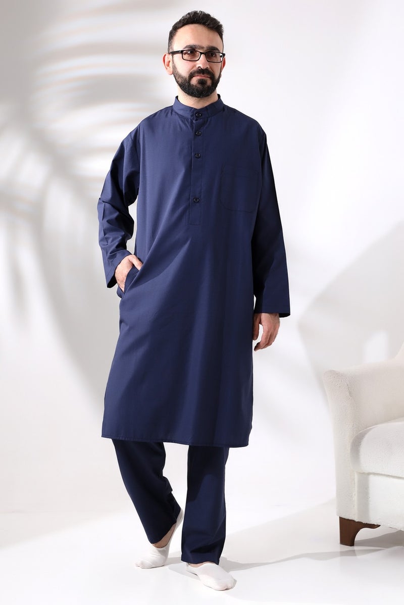 İhvan Online Ihvan Online Men's Hajj and Umrah Clothing Double Bottom Top Afghan Suit Navy Blue  - Image 2