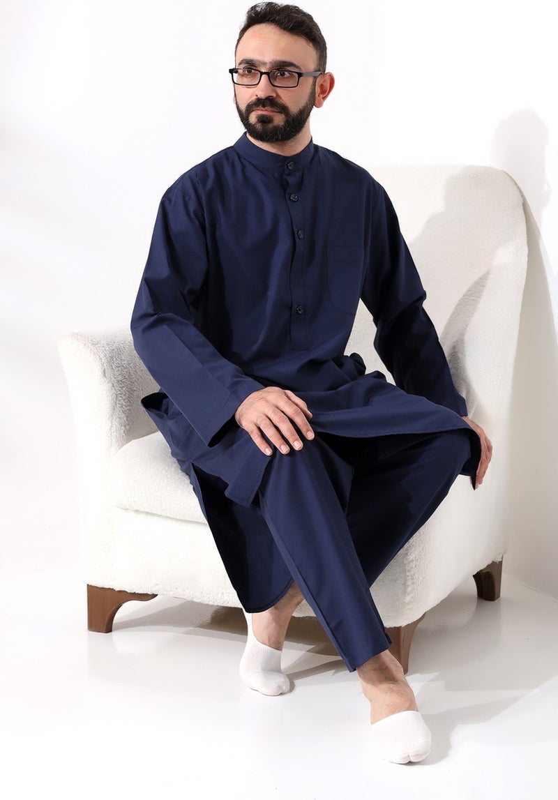 İhvan Online Ihvan Online Men's Hajj and Umrah Clothing Double Bottom Top Afghan Suit Navy Blue  - Image 3