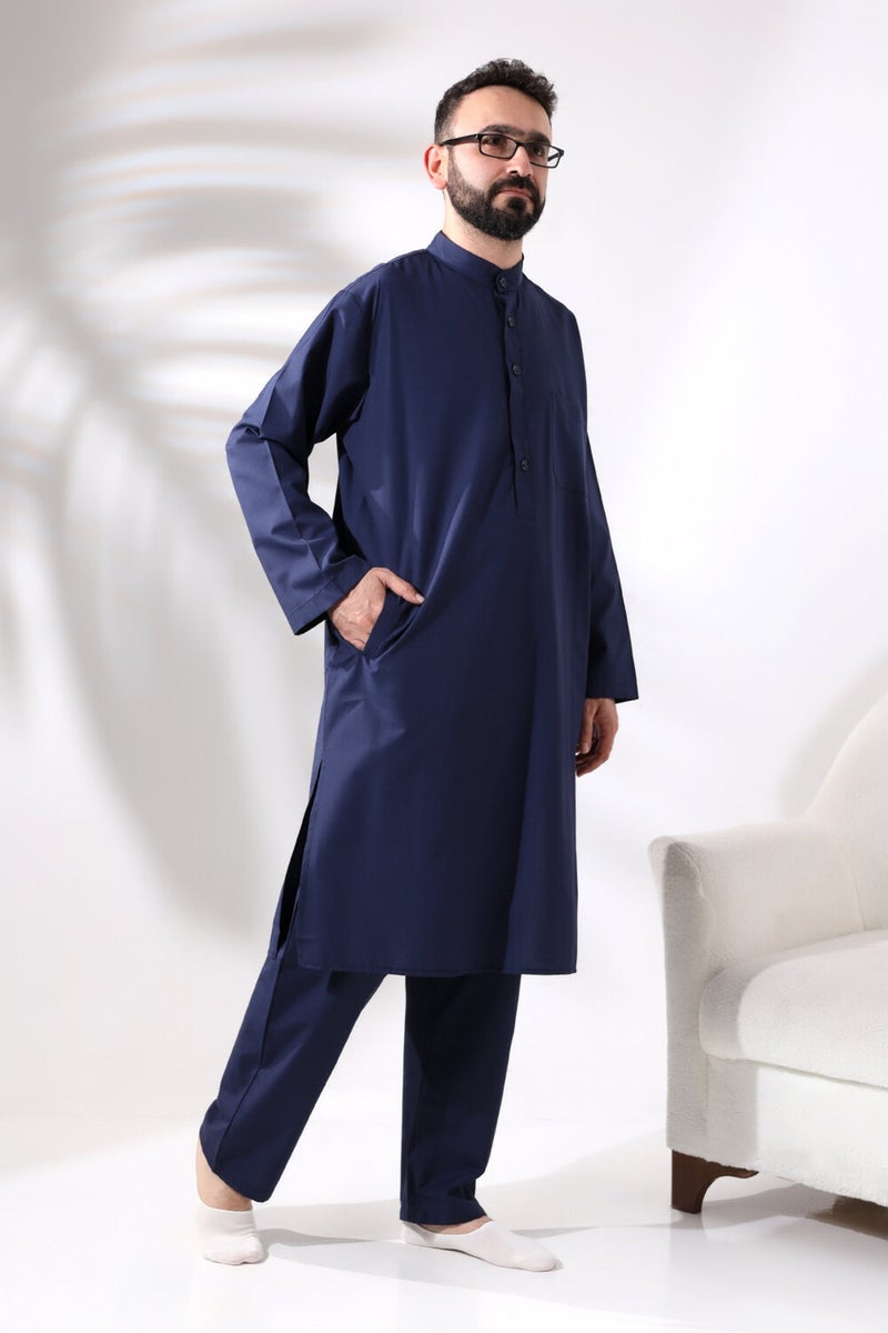 İhvan Online Ihvan Online Men's Hajj and Umrah Clothing Double Bottom Top Afghan Suit Navy Blue  - Image 5