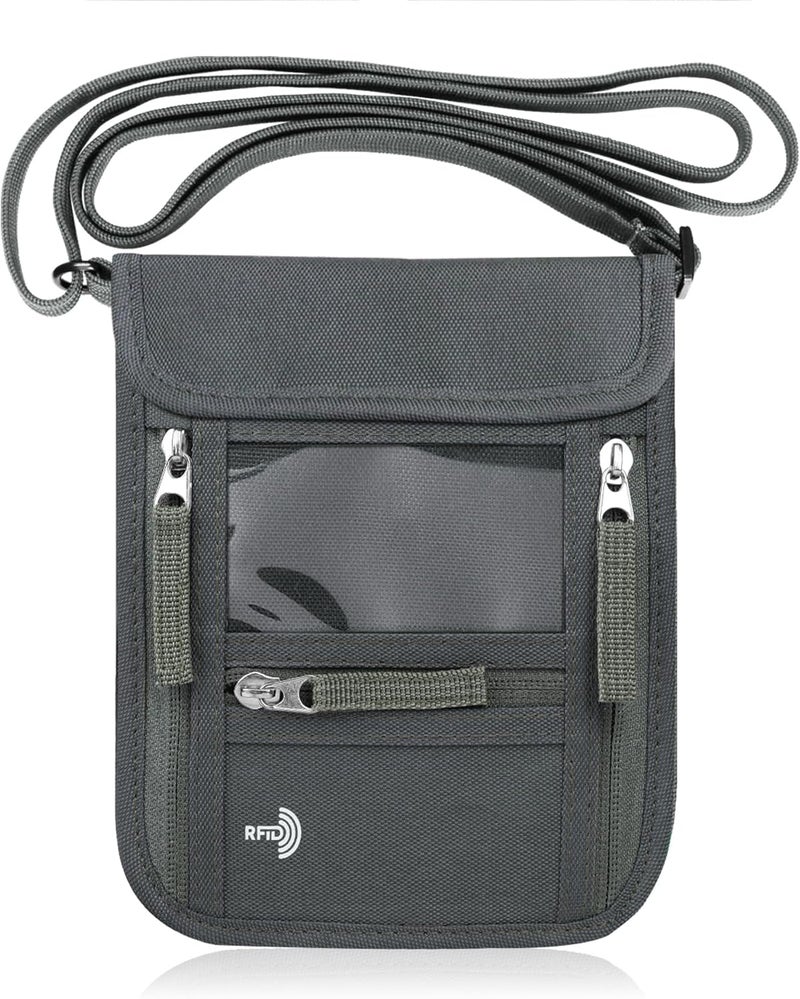 WALNEW Passport Holder Neck Pouch Travel Wallet for Women and Men, RFID Blocking Security Slim Traveling Wallet with Around Neck Lanyard Strap - Image 1