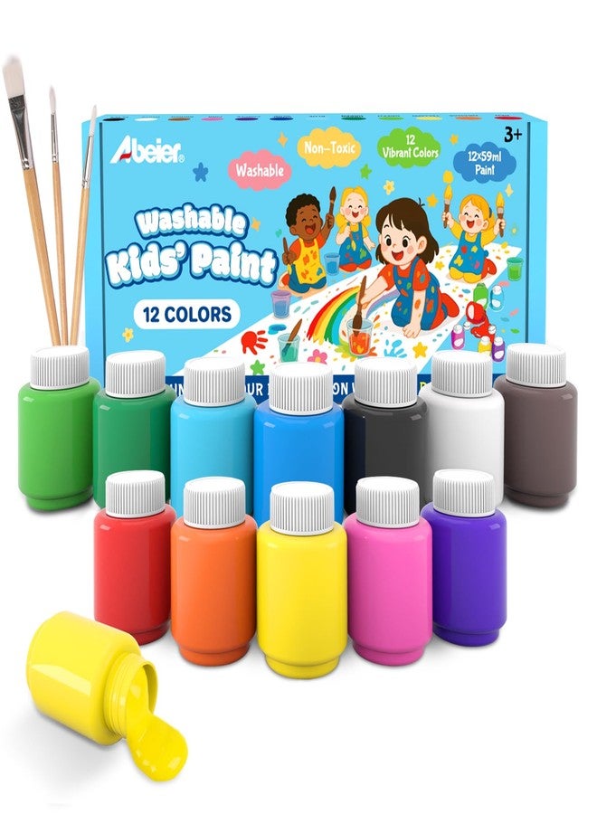 ABEIER Washable Kids Paint, Safe Non-Toxic Finger Paint, 12 Vibrant Colors(2 fl oz) with 3 Paint Brushes, Mess-Free Arts & Crafts Supplies for Toddlers & Grandkids, Ages 3, 4, 5 - Image 1
