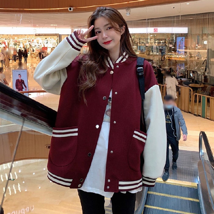 Korean style baseball uniform womens spring and autumn all-matching couple wear ins trendy new Harajuku style fried street coat salt womens top Wine red 