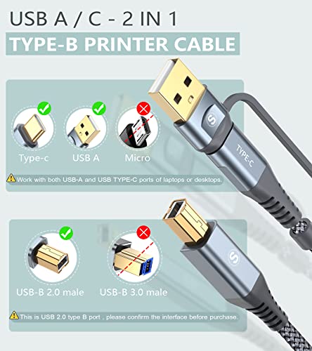 sweguard Printer Cable 2in1 USBAC to USBB Cord 66FT Type C MIDI Cable Braided High Speed Printer Cord for HP Canon Dell Epson Brother Samsung MacBook ProAirDigital Piano MIDI ControllerGrey - Image 3