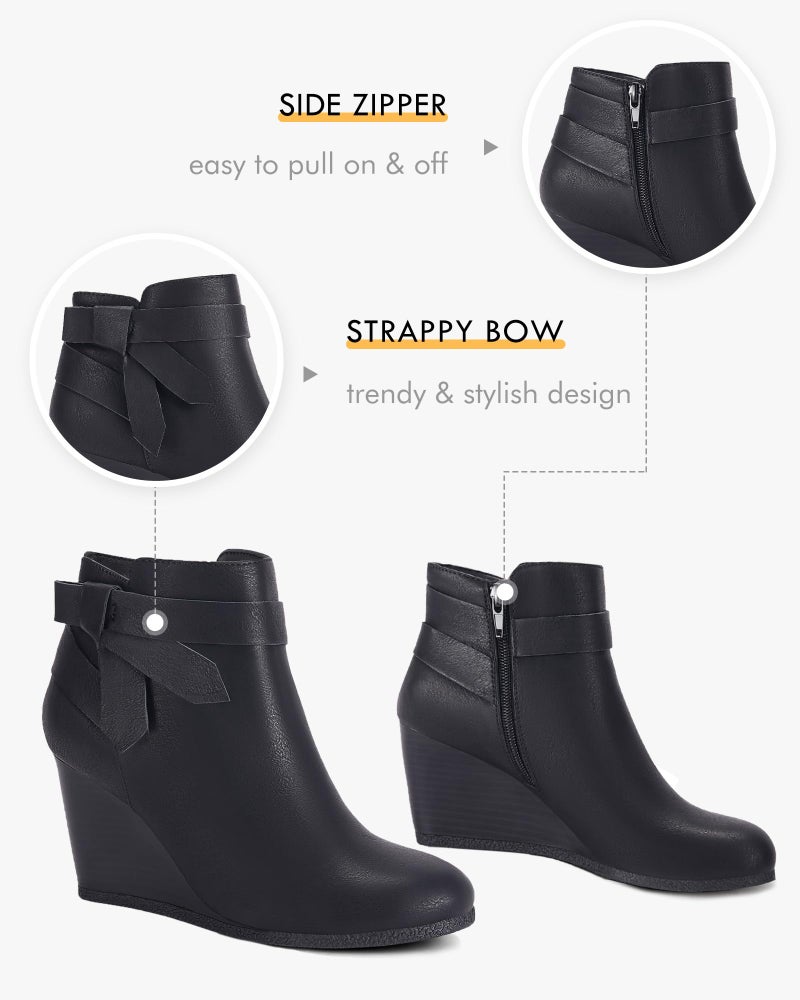 Coutgo Womens Wedge Booties Fall Ankle Boots Tie Knot Stacked Heeled Side Zipper Winter Dress Shoes, Cool Black, Size 8 - Image 3