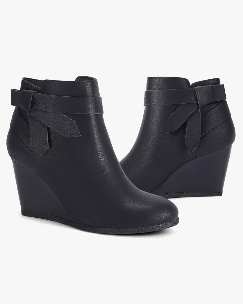Coutgo Womens Wedge Booties Fall Ankle Boots Tie Knot Stacked Heeled Side Zipper Winter Dress Shoes, Cool Black, Size 8 - Image 5