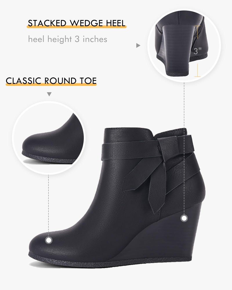 Coutgo Womens Wedge Booties Fall Ankle Boots Tie Knot Stacked Heeled Side Zipper Winter Dress Shoes, Cool Black, Size 8 - Image 4