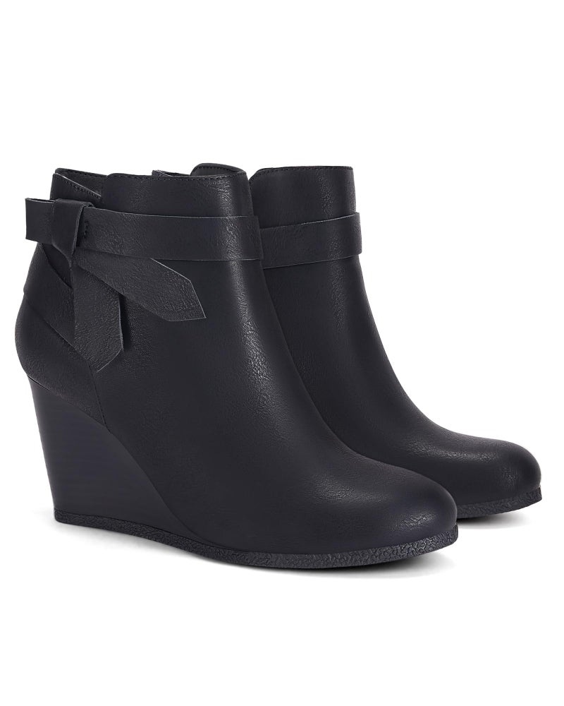 Coutgo Womens Wedge Booties Fall Ankle Boots Tie Knot Stacked Heeled Side Zipper Winter Dress Shoes, Cool Black, Size 8 - Image 1